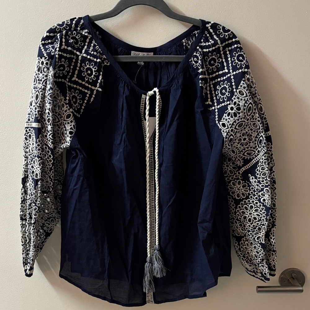 Navy Blue Embroidered Women's Top- Lucky and Coco